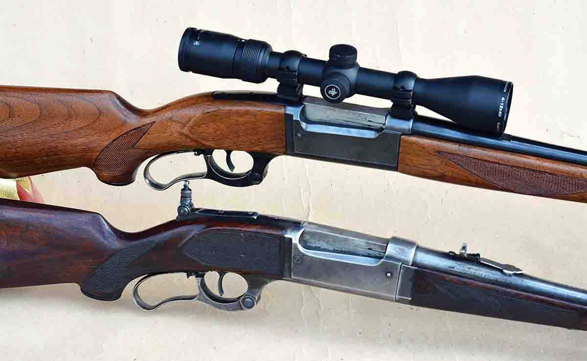 Brian used a post-World War II Savage Model 99 solid frame with a Vortex Diamondback 4-12x 40mm scope (top) to test loads for accuracy. The pre-World War II Model 99 Takedown fitted with a Lyman aperture sight (bottom) was used to establish velocities.